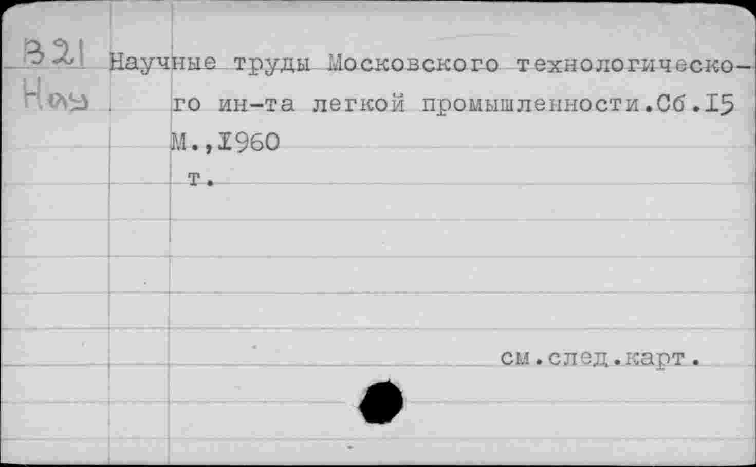 ﻿Над 1
цные. труды Московского технологическо го ин-та легкой промышленности.Об.15
М.,1960 т.
см. след.карт.